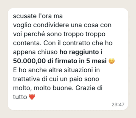 Messaggio di Lorena: €50.000 firmati in 5 mesi
