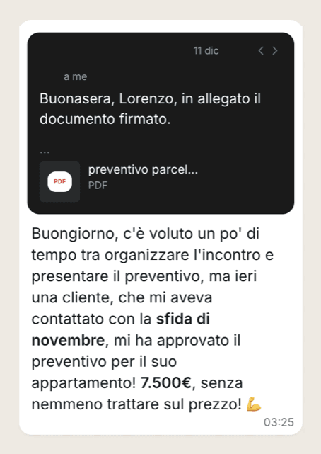 Messaggio di Lorenzo: €7.500 approvato senza trattare sul prezzo
