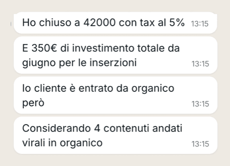 Messaggio di Domenico: €42.000 chiusi con €350 di ads
